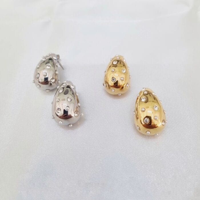 Ατσάλινα σκουλαρίκια σταγόνες με διάφανα στρας και πέρλες - Image 1