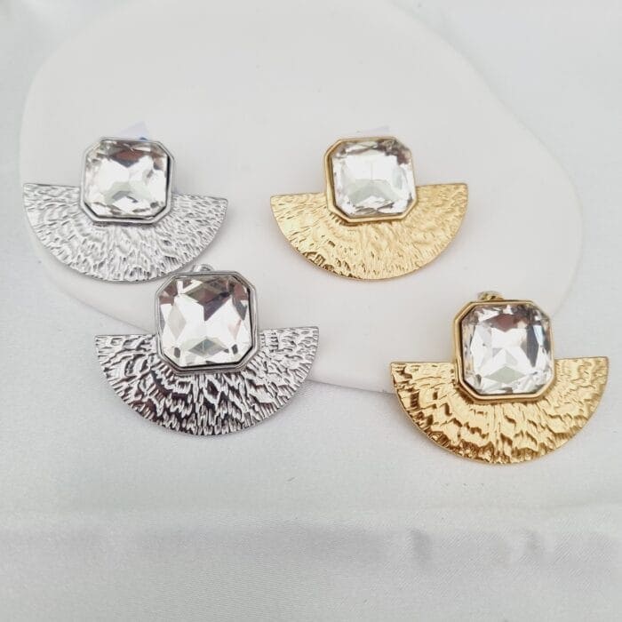 Ατσάλινα σκουλαρίκια βεντάλιες με διάφανο κρύσταλλο - Image 1