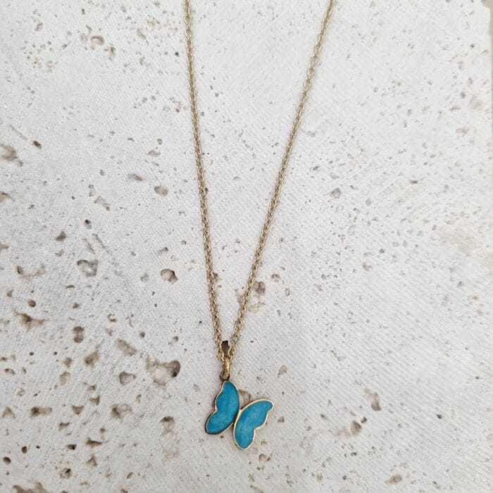 Ατσάλινο κολιέ πεταλούδα με γαλάζιο σμάλτο - Image 1