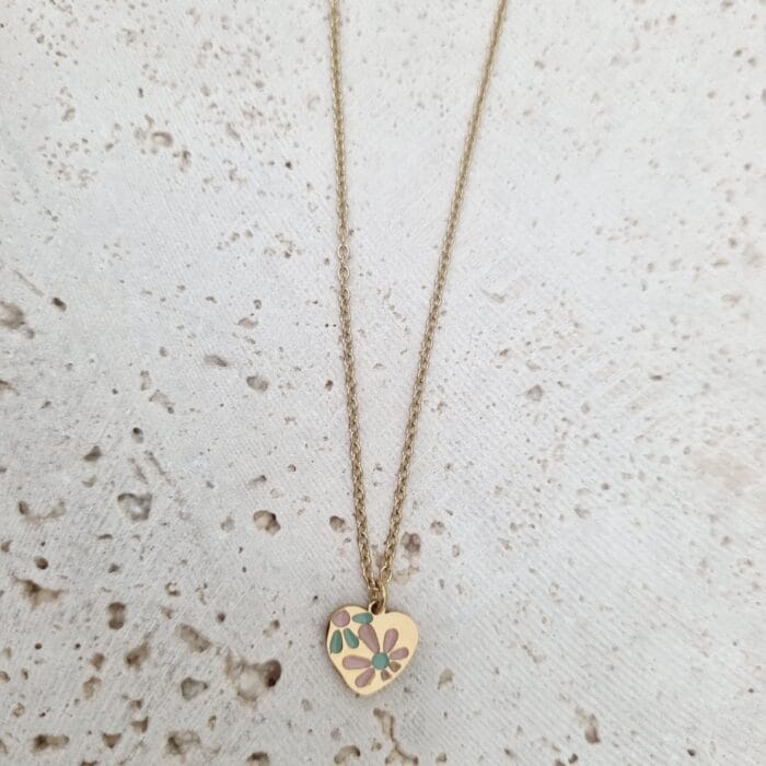 20250419_125749 Ατσάλινο κολιέ καρδιά με λουλούδια από σμάλτο - Image 1