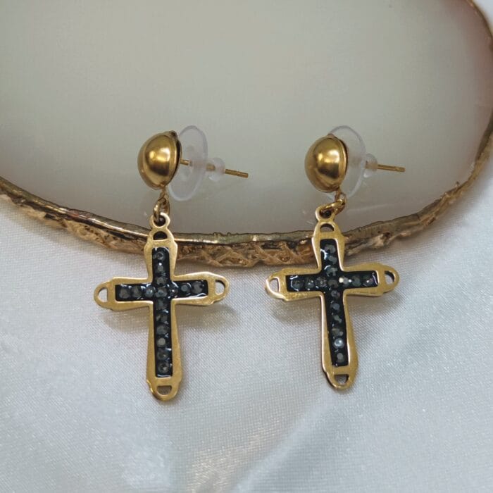 Ατσάλινα σκουλαρίκια σταυροί με μαύρα στρας - Image 1