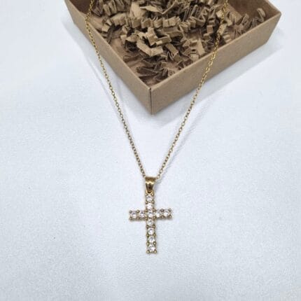 Ατσάλινο κολιέ με σταυρό με διάφανα στρας