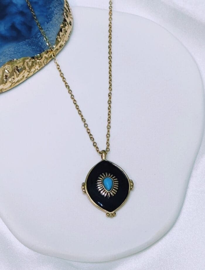 Ατσάλινο κολιέ με έθνικ στοιχείο με ημιπολύτιμο λίθο - Image 1